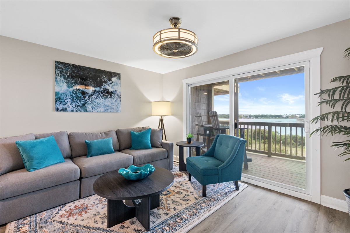 Lounge, stream, and step outside to your private balcony overlooking the water