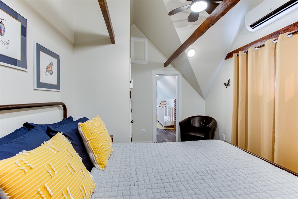 Bedroom 3 (butterfly room): Queen bed plus walk in closet with crib and desk