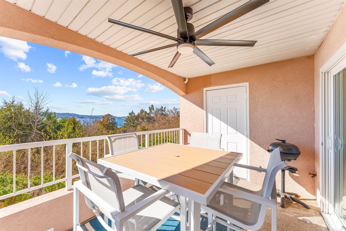 Outdoor seating overlooking the lake.