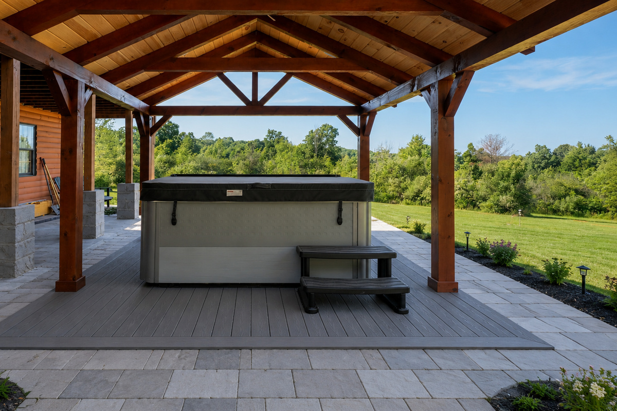 Covered outdoor hot tub beneath timber beams