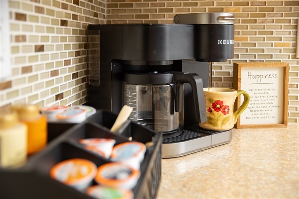 Fuel your mornings at the dedicated coffee station, featuring a Keurig for the perfect cup