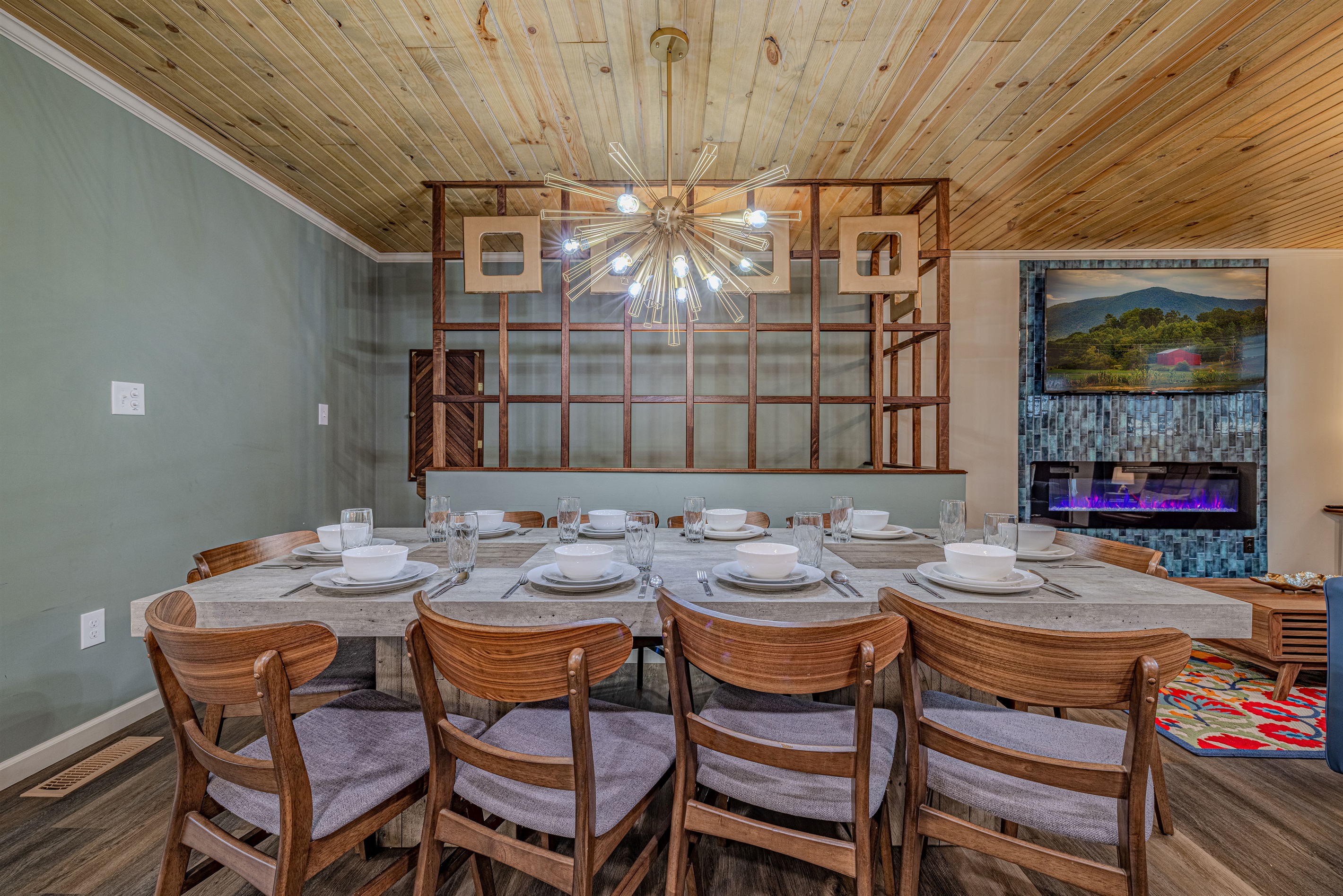 Enjoy a movie night and a quiet dinner under the glow of our vintage-inspired statement lighting.