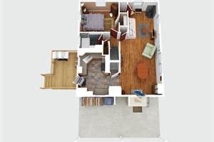 First floor 3D plans featuring 1 bedroom, kitchen, living room and dinning room.