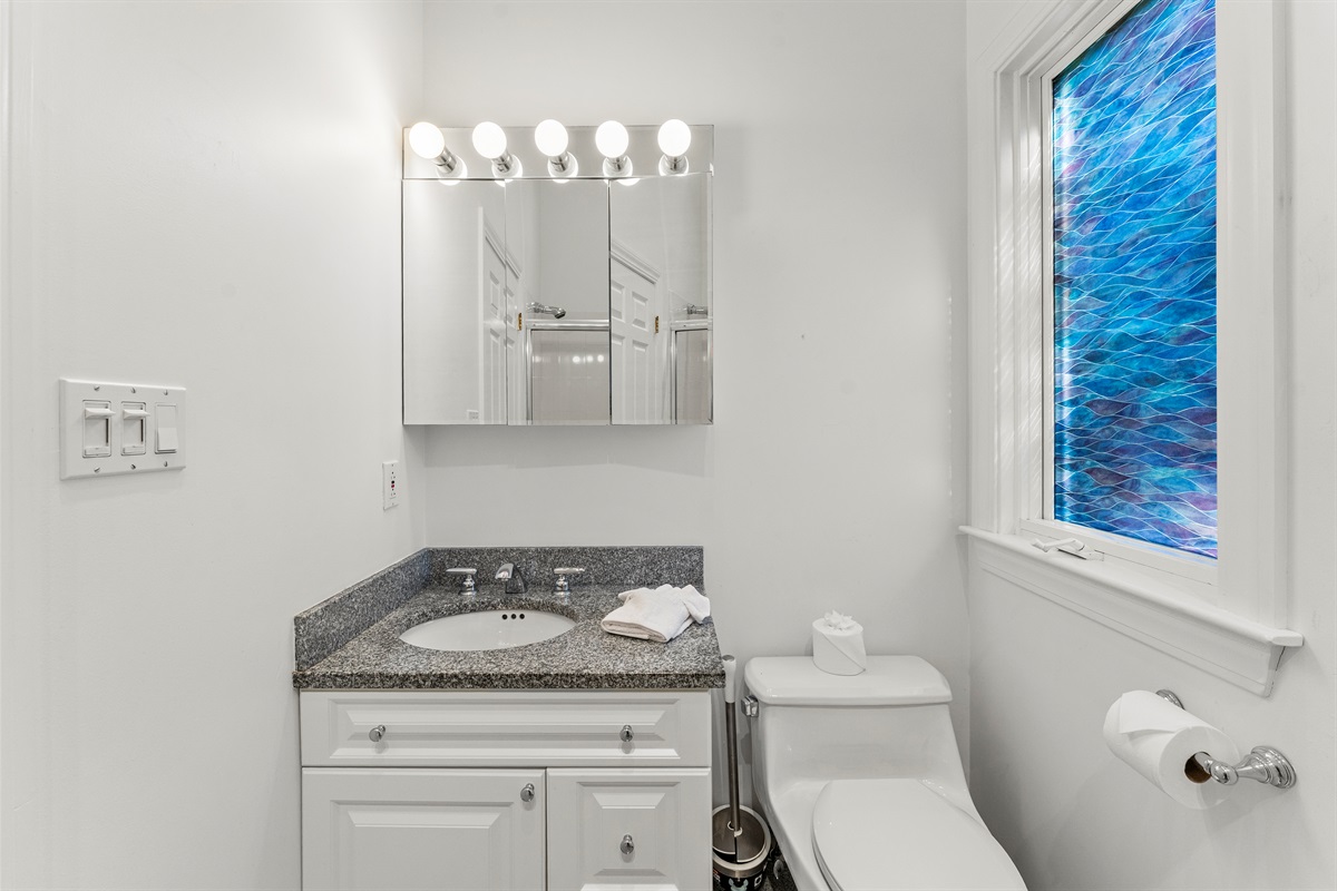 Main-level bathroom featuring a combination tub and shower.