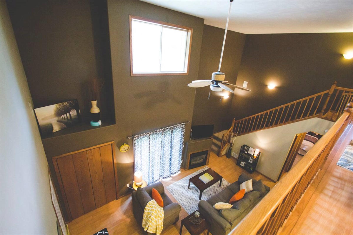View from the balcony down into the living area.