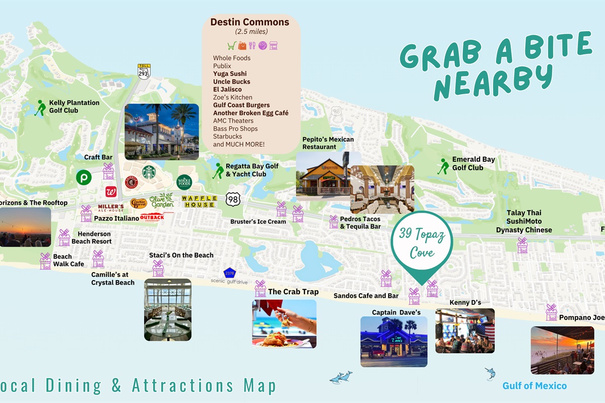 Many restaurants within walking distance including Kenny D's, Captain Dave's on the Gulf, Sandos Beachside Cafe & Bar, Pompano Joe's + tons of options a short drive away!