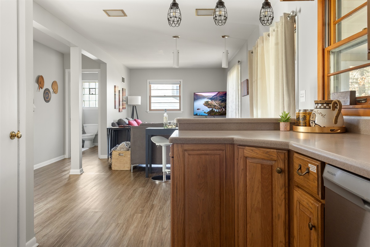 Open concept kitchen looking towards family room.