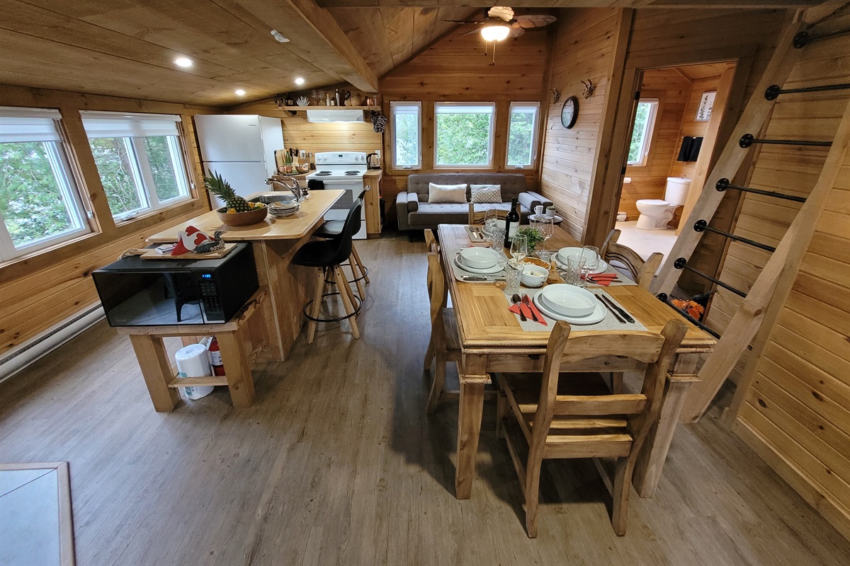 Dining room area with kitchen and island towards rear left