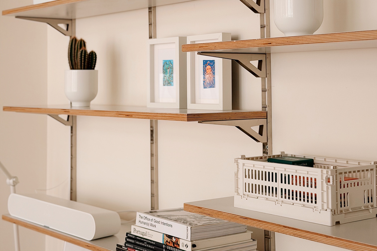 Shelving with fixed projector.