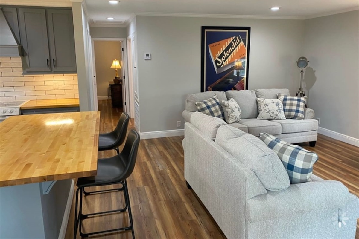 Cozy living room with the comfiest couch you’ve ever sat on. 
