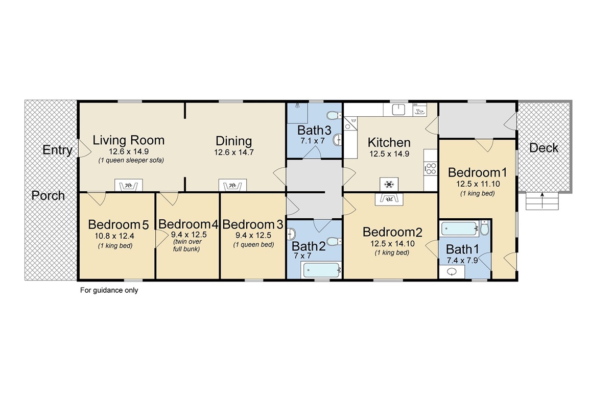 Floor plan. Bed sizes listed.