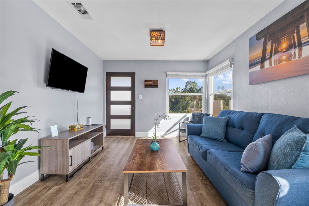 Our cozy living room offers an elegant sofa bed, TV, and beautiful decor, complemented by indoor plants and a view from the window. Relax and enjoy a stylish retreat!