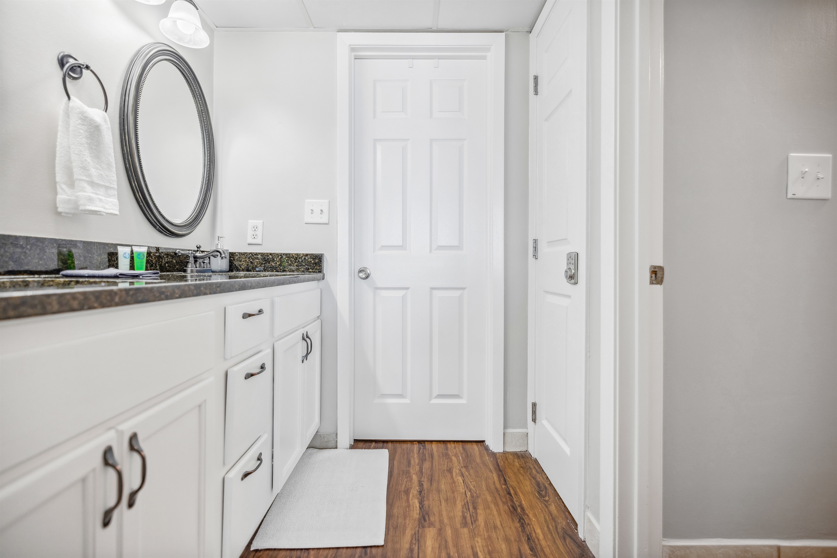 Master double vanity plus Walk-in closet  Ironing board/iron, twin and queen air mattresses for extra bed options