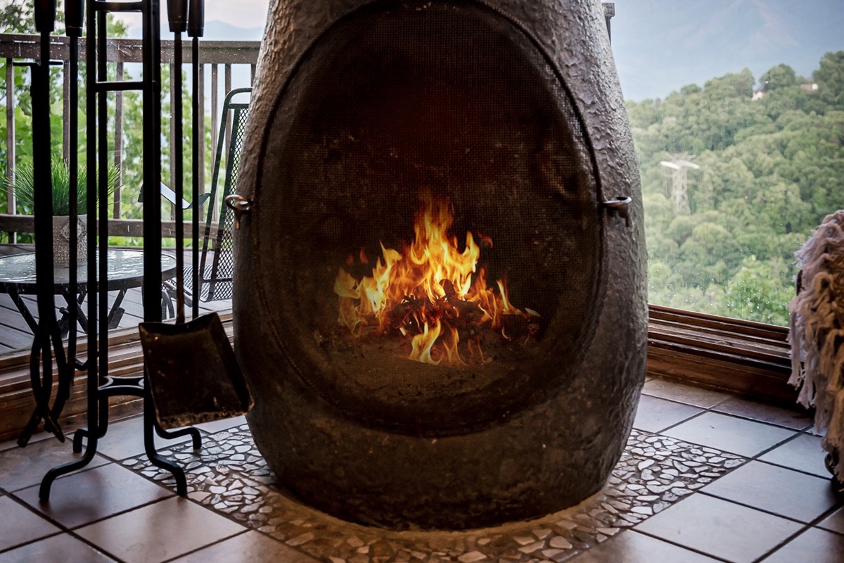 Unique pot belly stove located in the main living room featuring amazing views from the windows behind