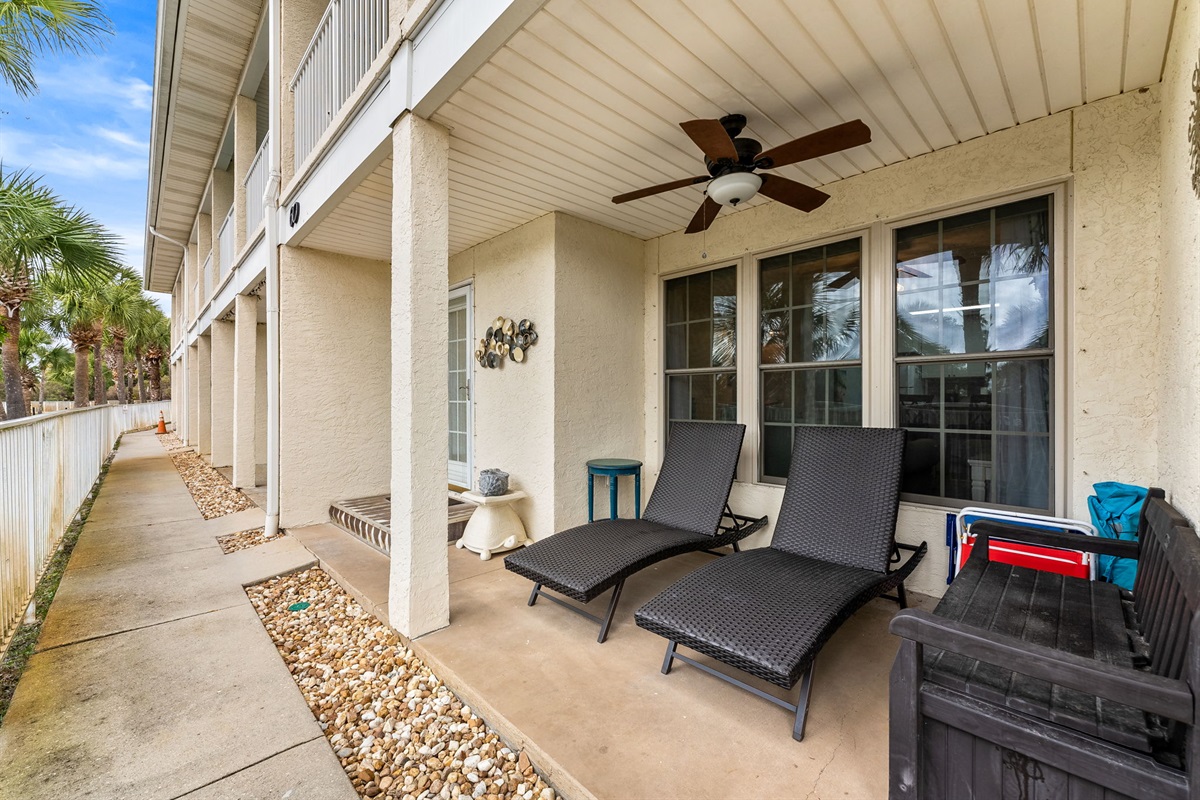 Bench is full of beach toys for the kiddos! Quick, easy 2-minute stroll to beach access via sidewalk right out of your back door!