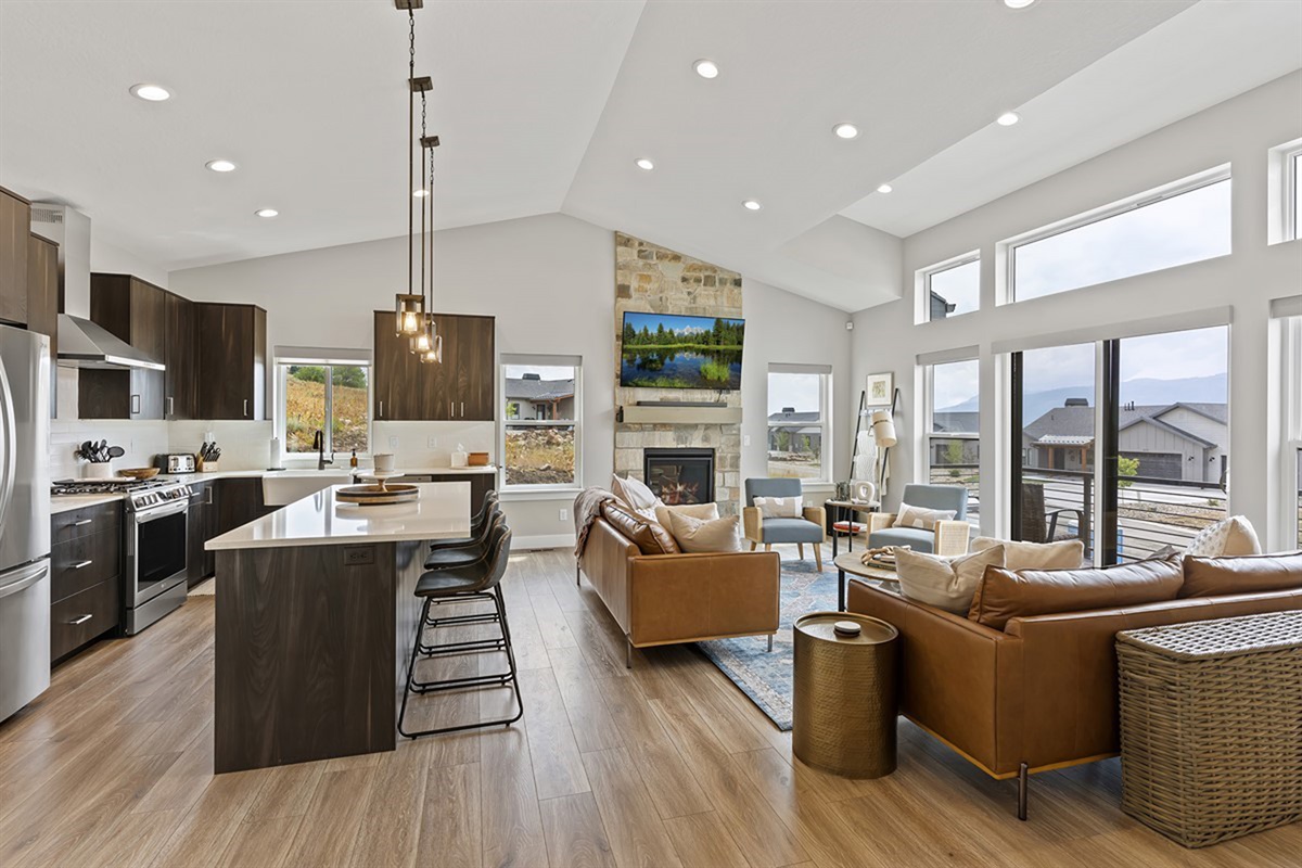 Stylish kitchen and living area designed for gathering and relaxing