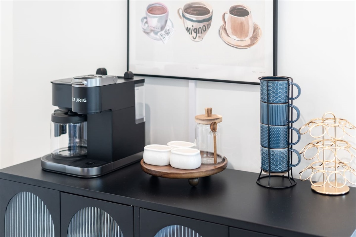 Close-up of the modern coffee station for your morning pick-me-up.