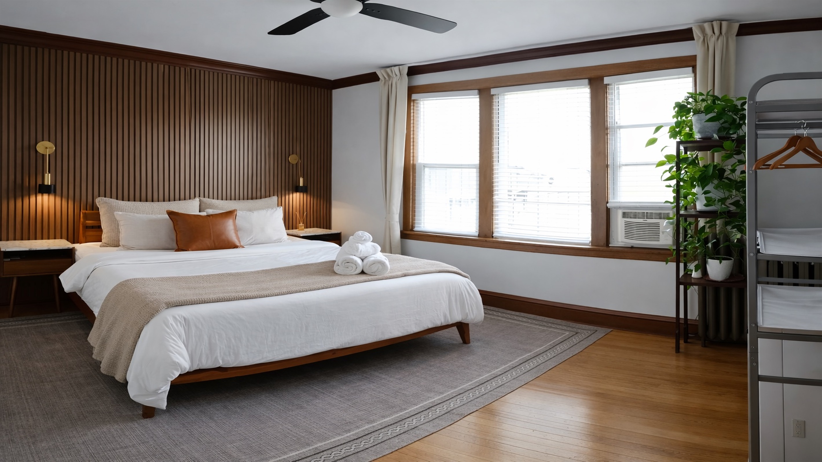 King bed, oversized windows, and quiet work corner — build for deep sleep, bright mornings, and spacious layout, no cramped city bedroom here.