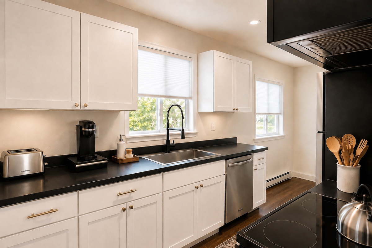 Bright, fully equipped kitchen with modern appliances and plenty of counter space