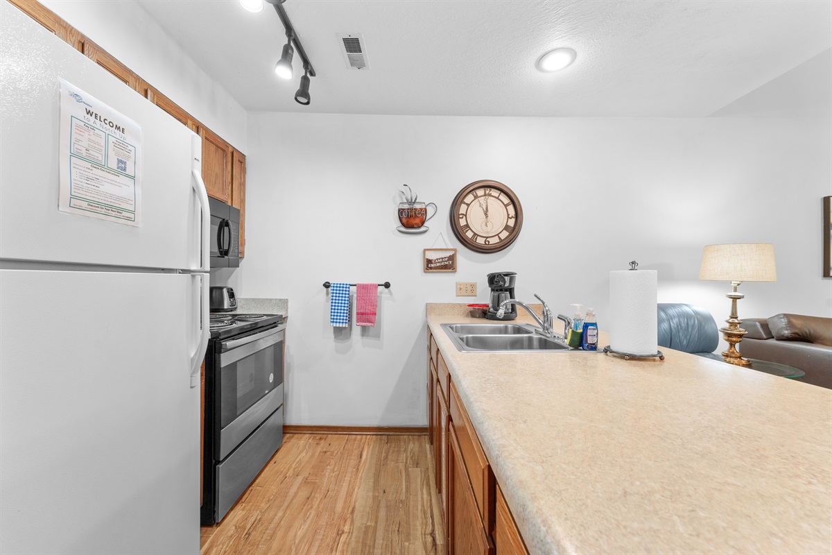 The full kitchen has the essentials you need for simple meals, snacks, and morning coffee.