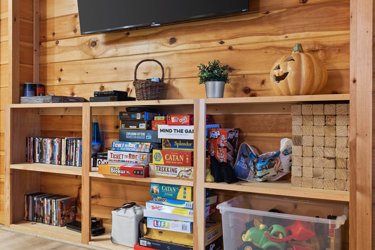 Choose your adventure! Shelves filled with books, Jenga, Catan, Uno, and more.