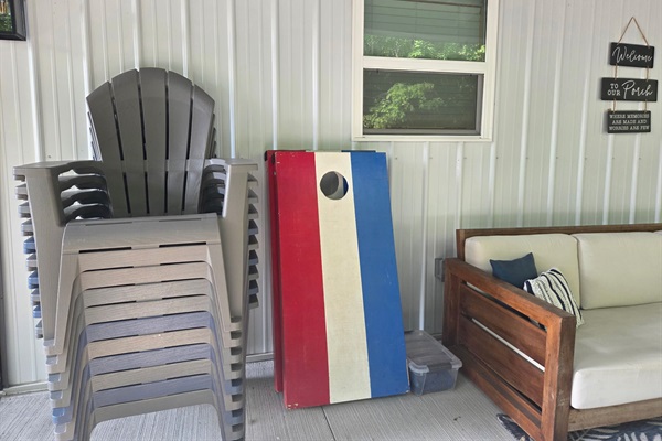 Cornhole boards and bean bags are available under the covered deck for guests to enjoy!