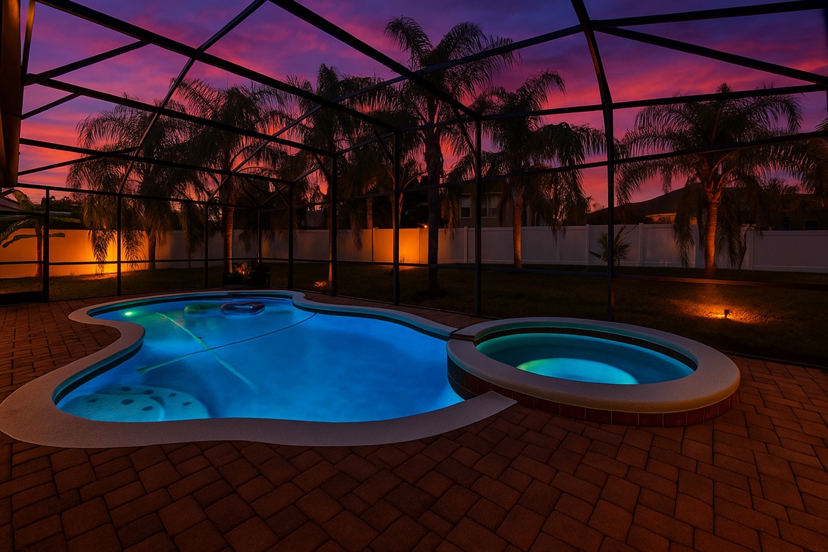 Twilight magic by the private screened pool — the perfect place to unwind after a day at Disney! Palm trees and all.