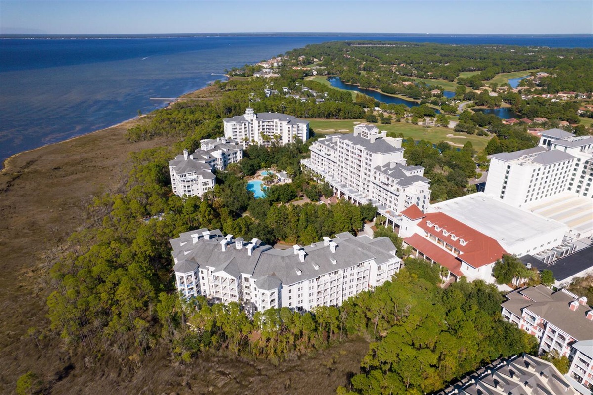 Ariel footage of the Bahia complex along the bayside of the SanDestin Golf & Beach Resort