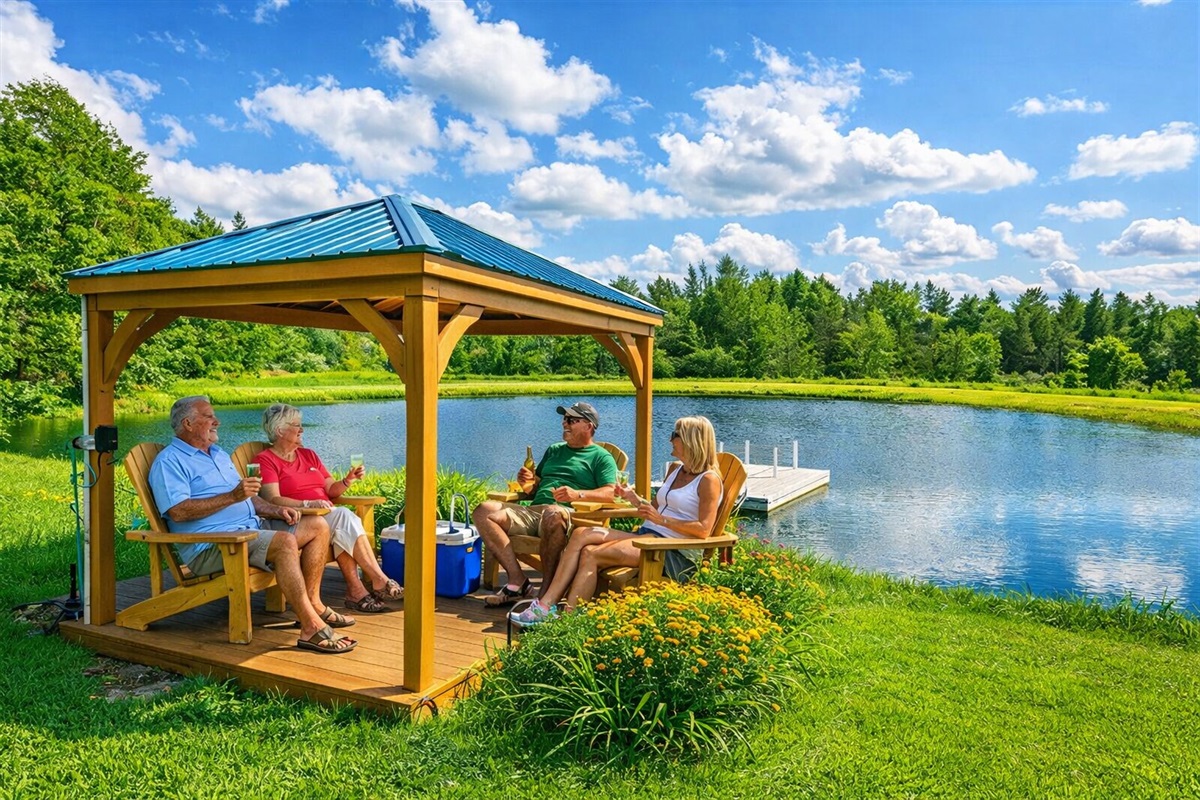 Gather with friends and family beneath a rustic pavilion by the pond, complete with classic Adirondack chairs and picture-perfect views.