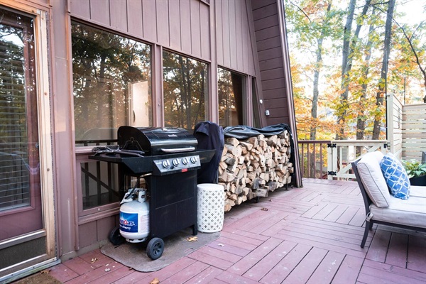 Propane grill plus plenty of firewood for wood-burning fireplace in the great room