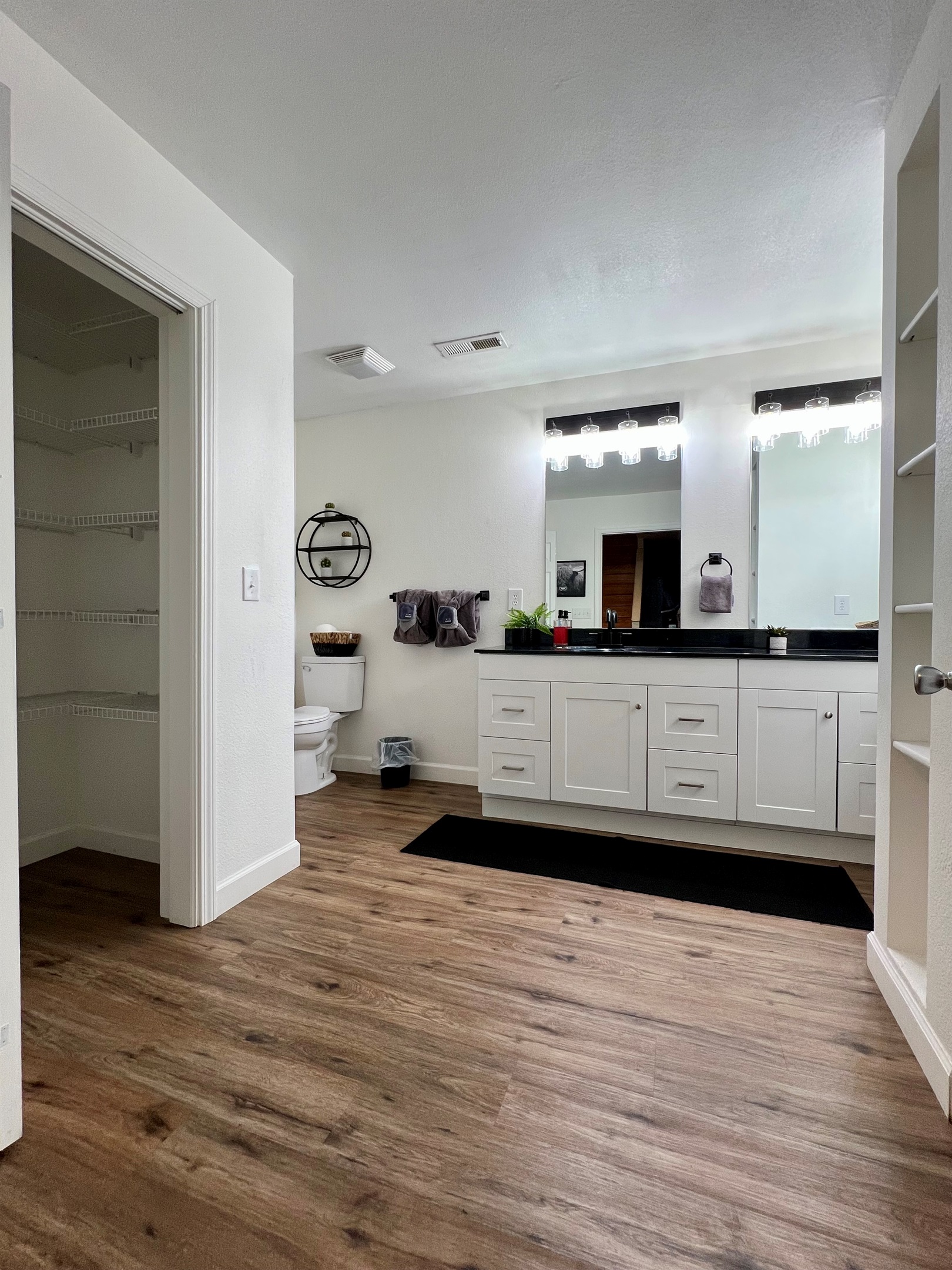Lower level bathroom with new flooring and vanity