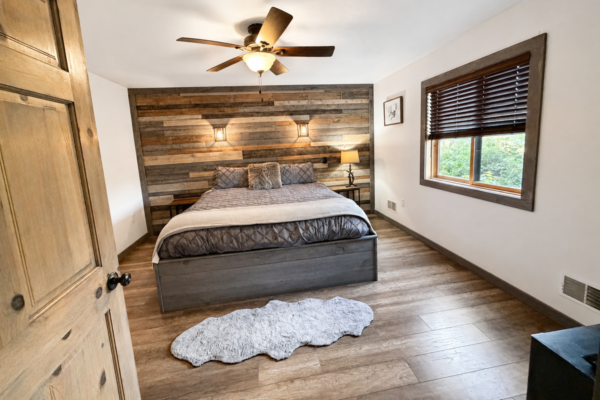 Comfortable private bedroom with warm wood accents, ceiling fan, natural light, and a relaxing Northwoods atmosphere for unwinding after a full day of Wisconsin adventures.