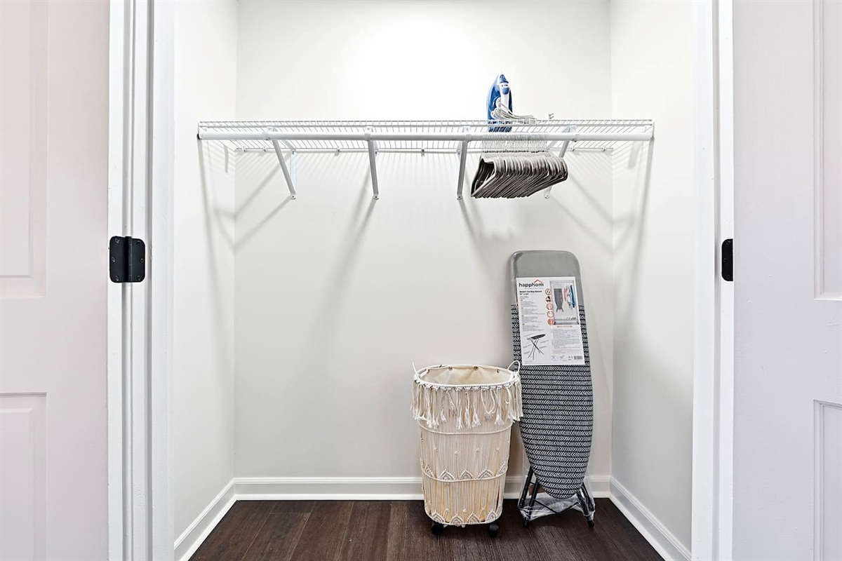 We provide laundry baskets, an iron, and an ironing table for your stay. 