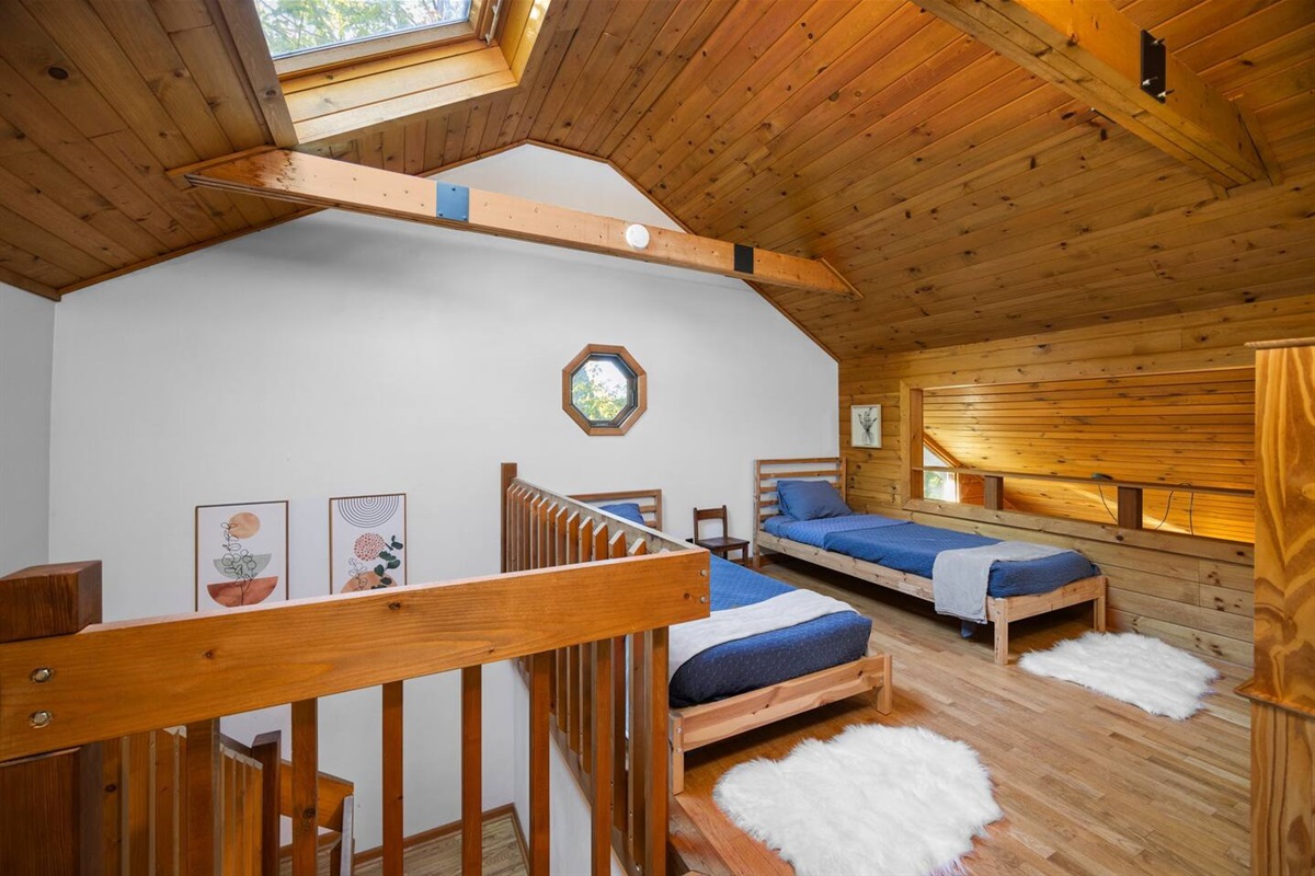 Loft area has twin beds, it is open to below and does not have a door.