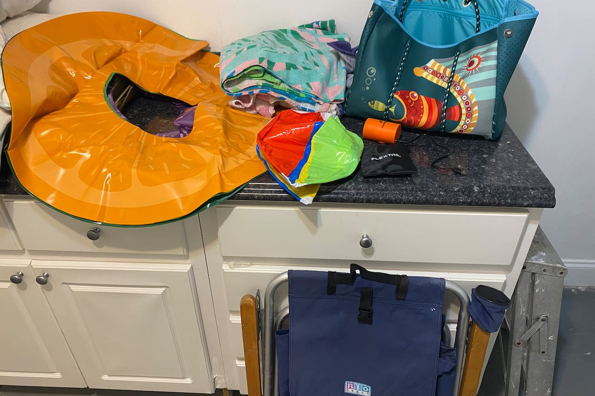 Beach bag, beach chairs, floaties, beach ball and rechargeable inflater 