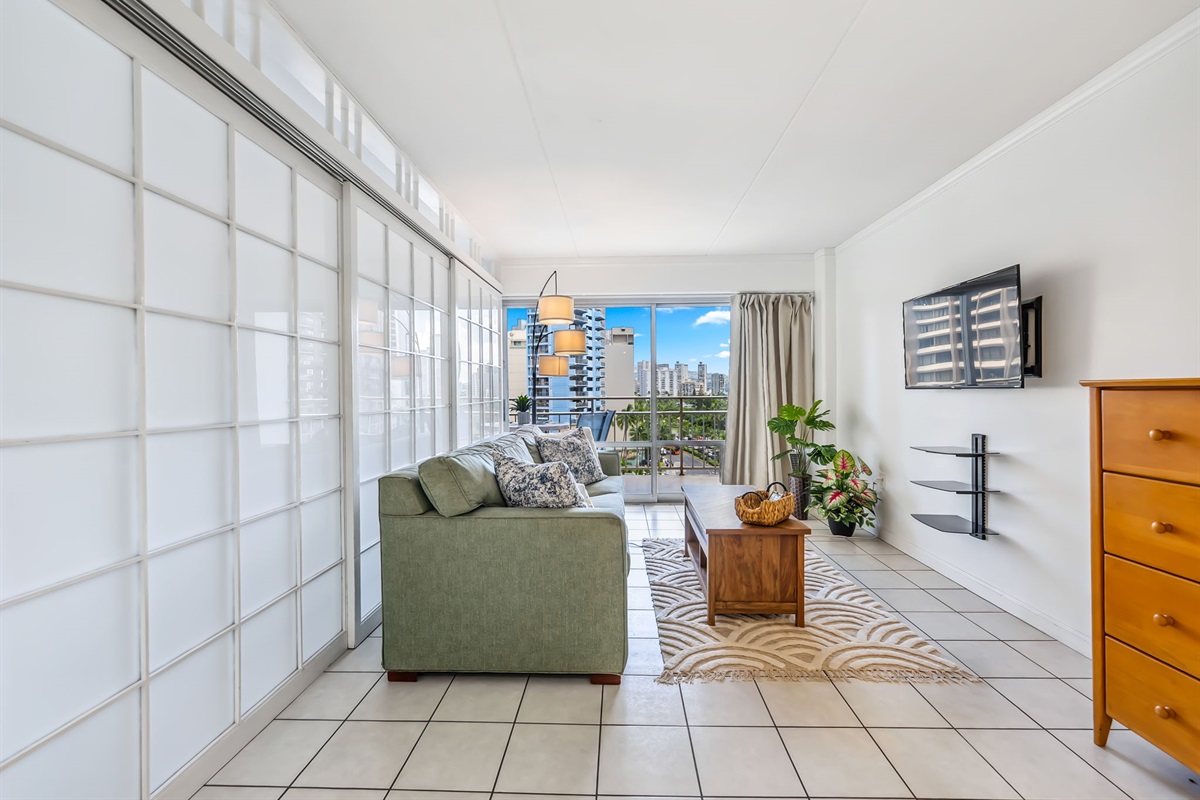 Walk in view of the suite showing shoji sliding doors utilized to separate living area from bedroom for added privacy