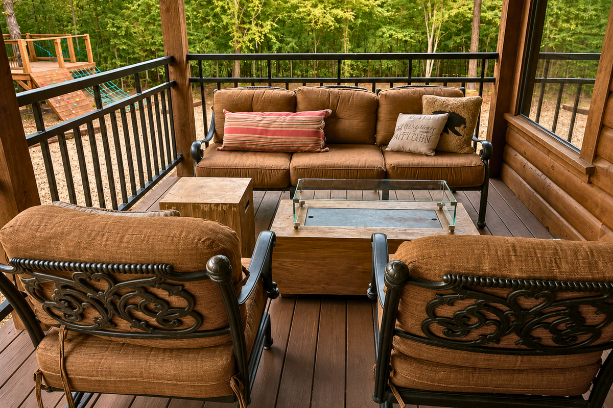 Comfortable outdoor seating makes this covered portion of the deck a relaxing place to enjoy a cup of coffee, conversation, or a quiet afternoon in the fresh air.