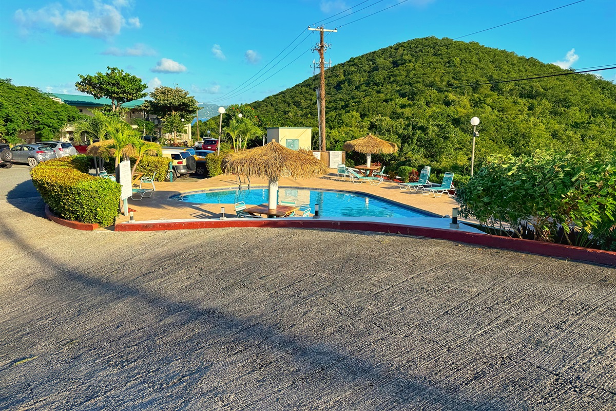 There is a gradual slope down the the first pool, no stairs.
