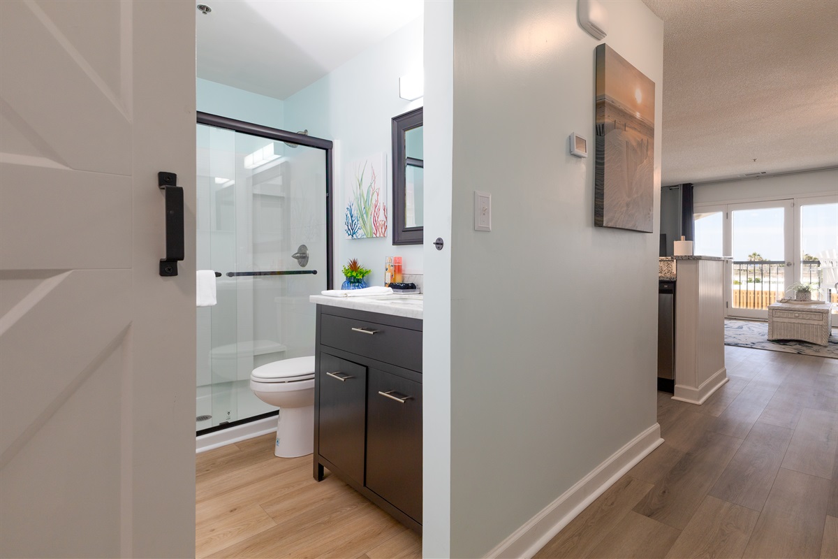 This bathroom's design blends functionality and style