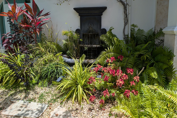 Stone tiered wall fountain surrounded by lush tropical landscaping, green ferns, and colorful plants at the entryway of Villa Coral in Dorado, Puerto Rico.
