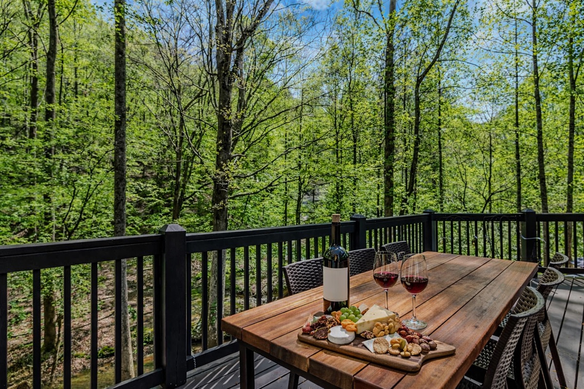 Deck dining in the afternoon or evening! Great place for takeout with wine and watch the deer visit with views of the water.
