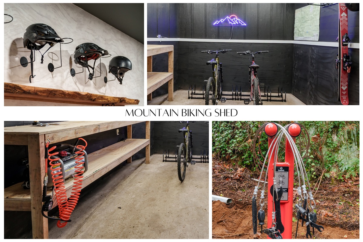 Designed for riders: lock up your bike, wash it down, tune it up, and gear up in our fully equipped mountain biking shed with tools, racks, and helmet storage.