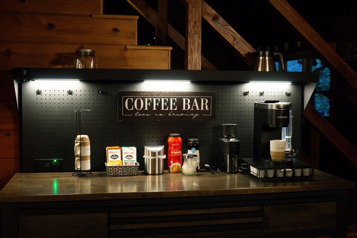 Coffee bar is stocked with a variety of coffee, tea and hot chocolate to get you started. There is powdered creamer and sugar. We even have decaf options.