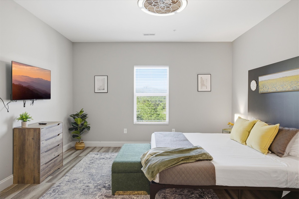 In Unit 1, the king bedroom gives you your own space to reset—comfortable, quiet, and with a TV so you can wind down on your own schedule.