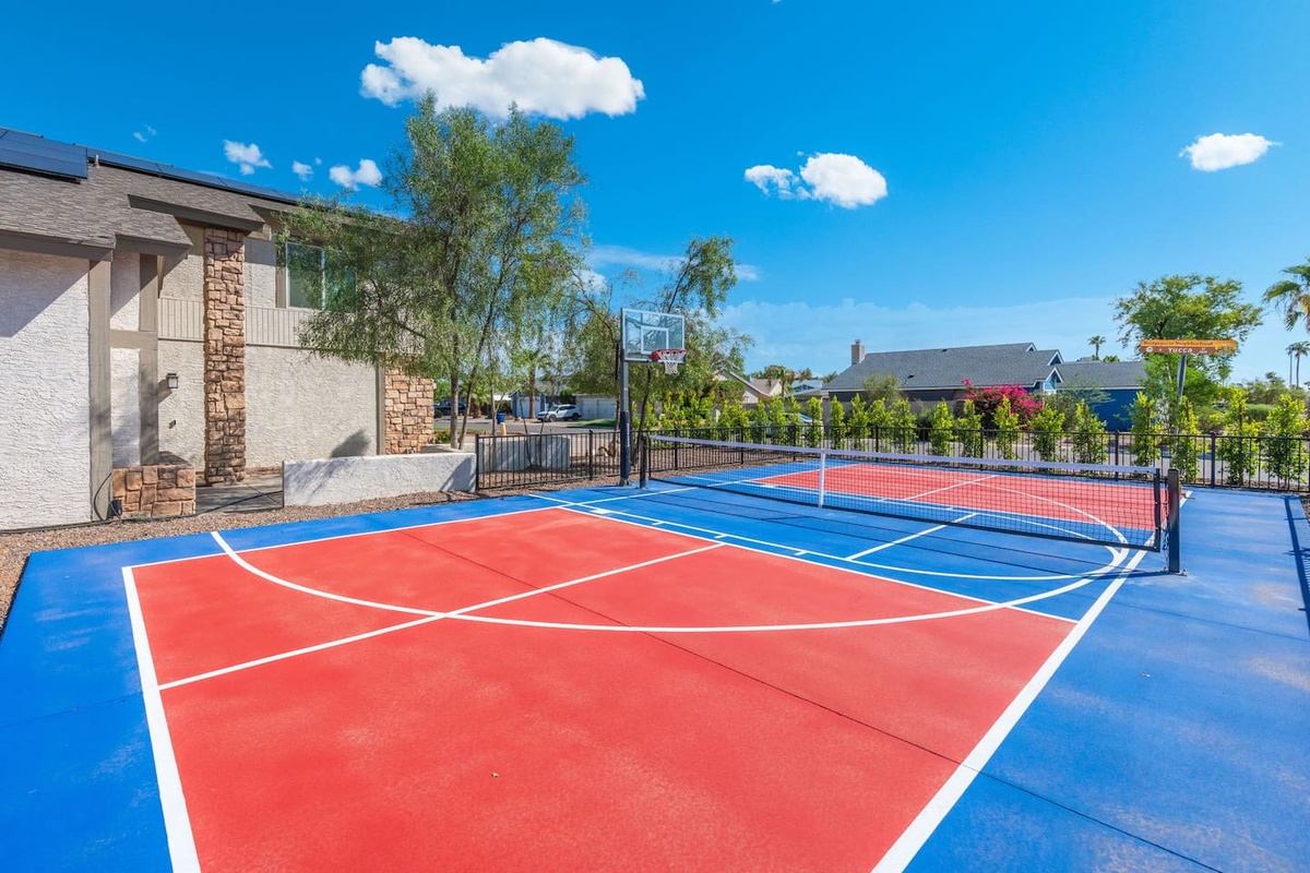 Bold color, serious play — steps from the back patio.