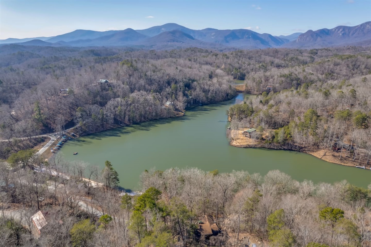 Upper drone view of Riverbend at Lake Lure.