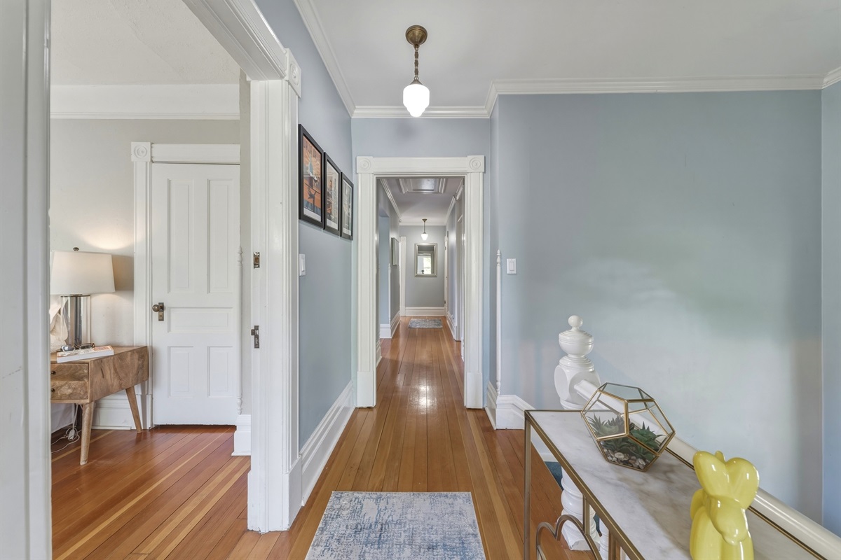 Upstairs hallway, at the top of the stairs