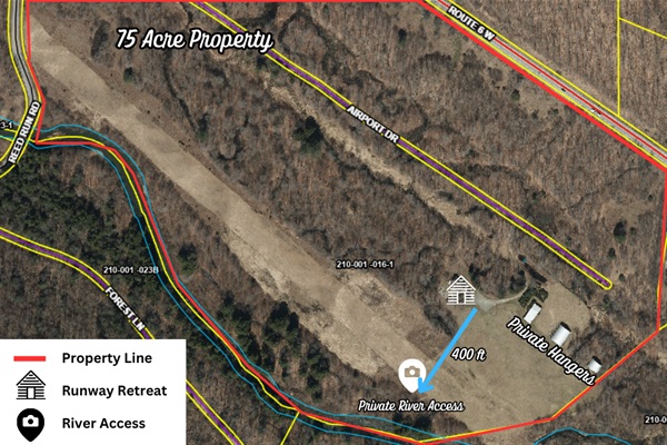 Runway Retreat’s 75-acre private playground: river access, walking trails, private airstrip, and total privacy.