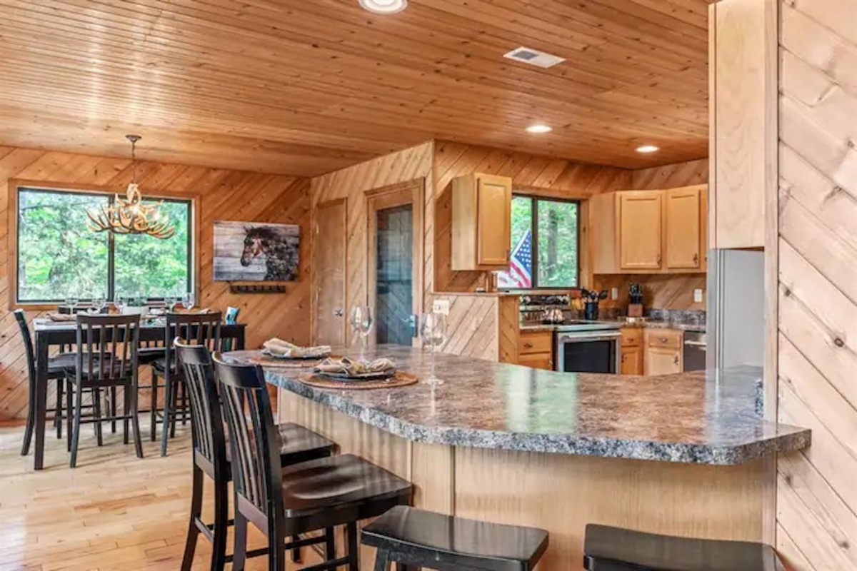 Spacious kitchen with bar seating