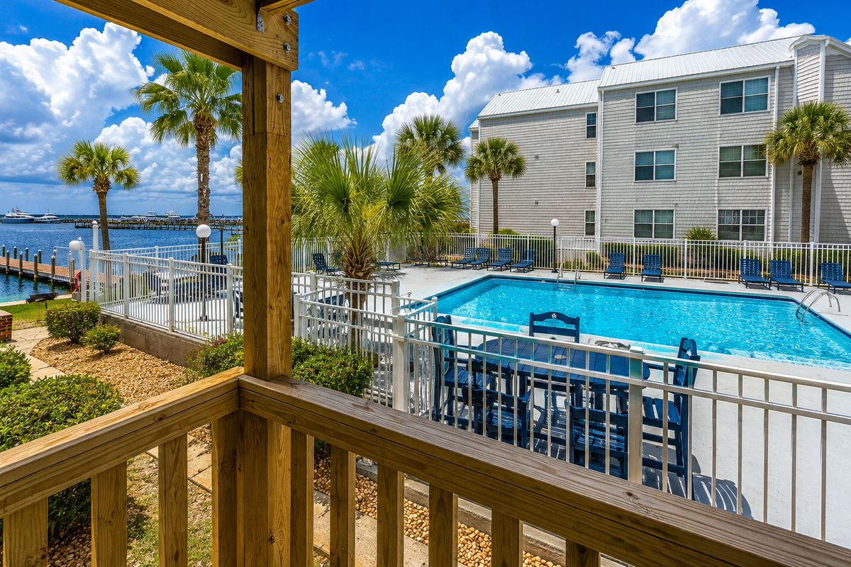 Step onto the balcony and enjoy views of the pool, palm trees and bay—all part of the laid-back Hermitage experience.